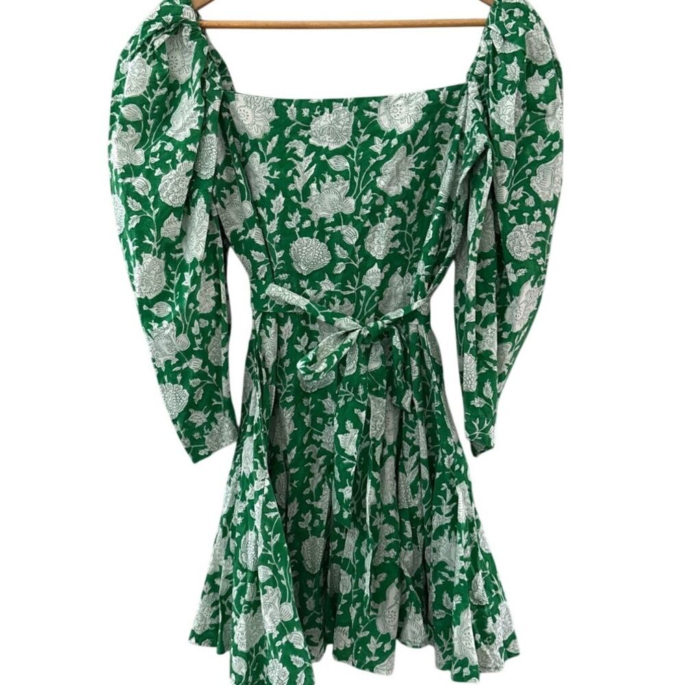 Mille Resort Anais Belted Mini Hand Block Print Dress Green Zinnia Size Small - Picture 4 of 12
